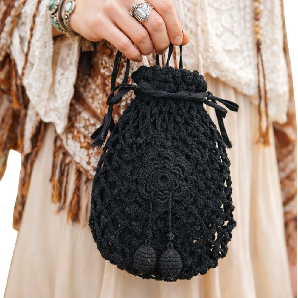 Vintage 1950s Black Hand Crochet Drawstring Pouch Purse Floral Motif
